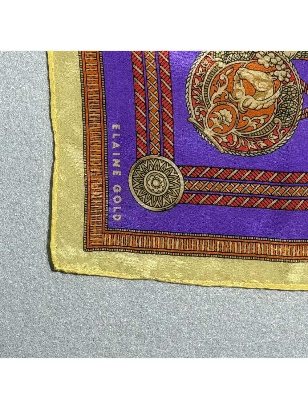 Vintage 80s Elaine Gold Silk Scarf Purple Gold Medallion Print Square Scarf